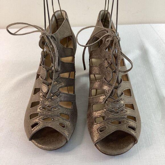 Paul Green Leather Metallic Lace-up Stacked heel Sandals Size 7 (38) - Picture 3 of 13